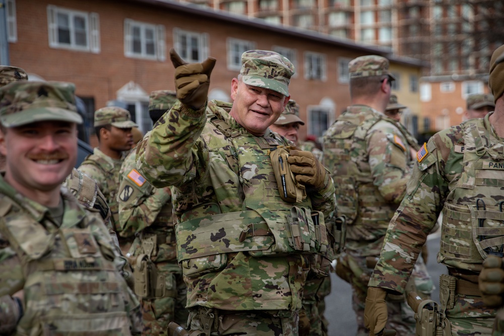 Mississippi National Guard service members arrive to render honors during a funeral escort in Washington, D.C.
