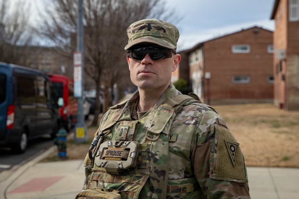 An Ohio National Guard Soldier arrives to render honors during a funeral escort in Washington, D.C.