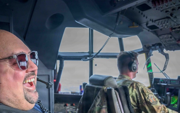 Comedian Gabriel Iglesias flies aboard C-130J at Yokota Air Base