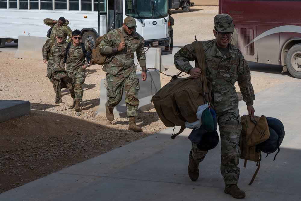 Airmen arrive at an undisclosed location within CENTCOM AOR