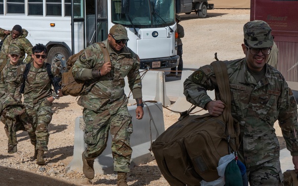 Airmen arrive at an undisclosed location within CENTCOM AOR