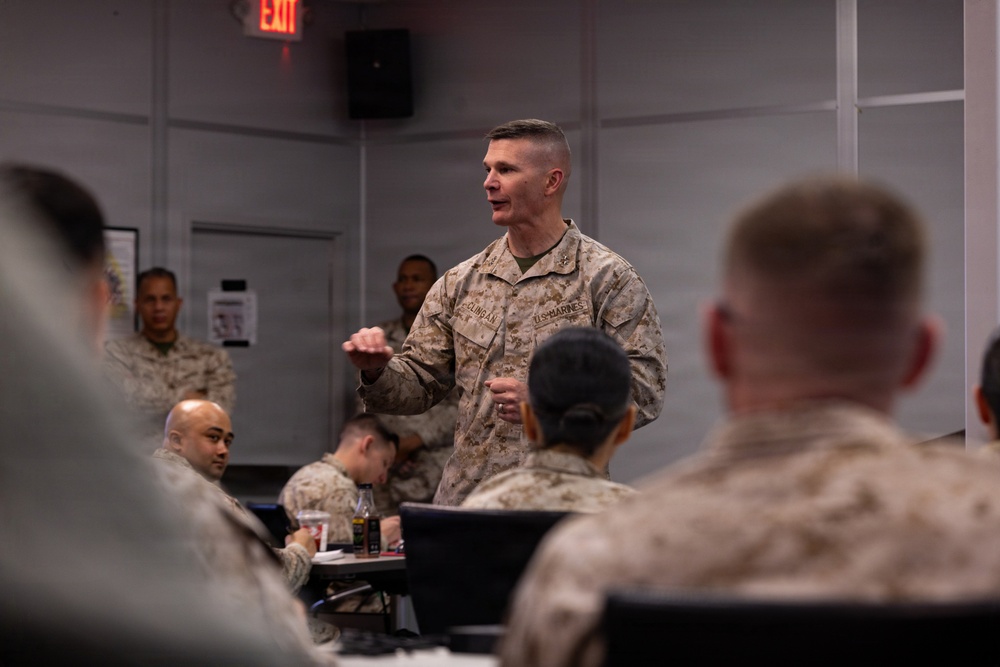 The commanding general of the Combat Center speaks to Advanced Expeditionary Logistics Operations Course students
