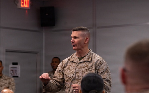The commanding general of the Combat Center speaks to Advanced Expeditionary Logistics Operations Course students