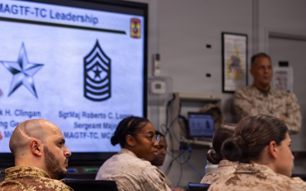 The commanding general of the Combat Center speaks to Advanced Expeditionary Logistics Operations Course students