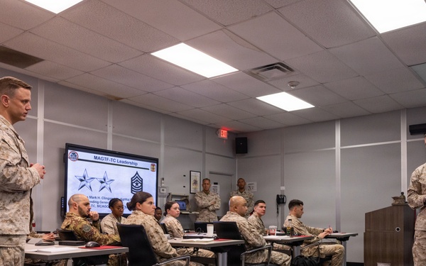 The commanding general of the Combat Center speaks to Advanced Expeditionary Logistics Operations Course students
