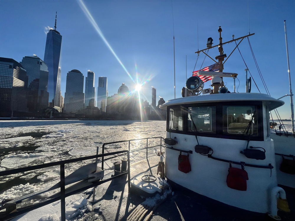 The Coast Guard Cutter Hawser successfully broke ice and freed the NYPD Harbor David after the vessel became beset.