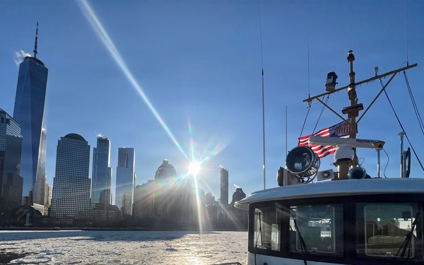 The Coast Guard Cutter Hawser successfully broke ice and freed the NYPD Harbor David after the vessel became beset.