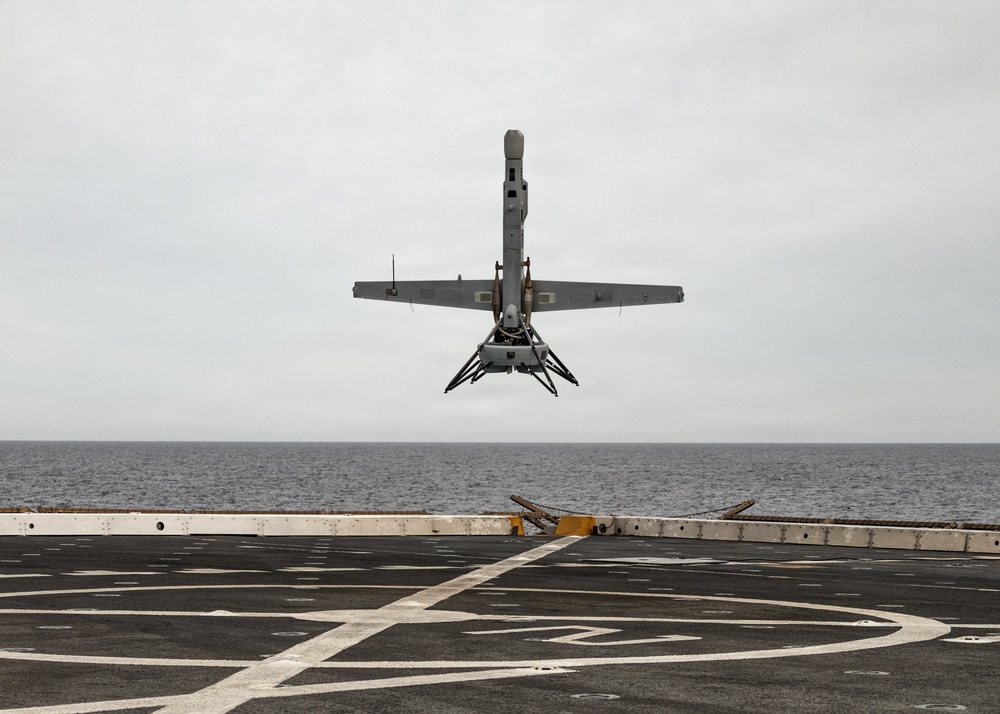 11th MEU Marines, Sailors and DOW Contractors Conduct V-BAT Flight Aboard USS Portland