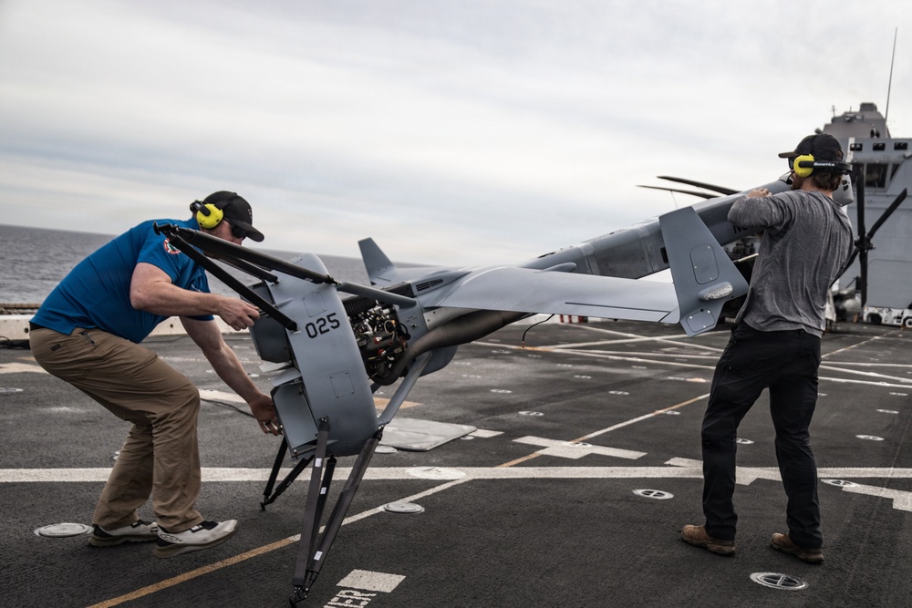 11th MEU Marines, Sailors and DOW Contractors Conduct V-BAT Flight Aboard USS Portland