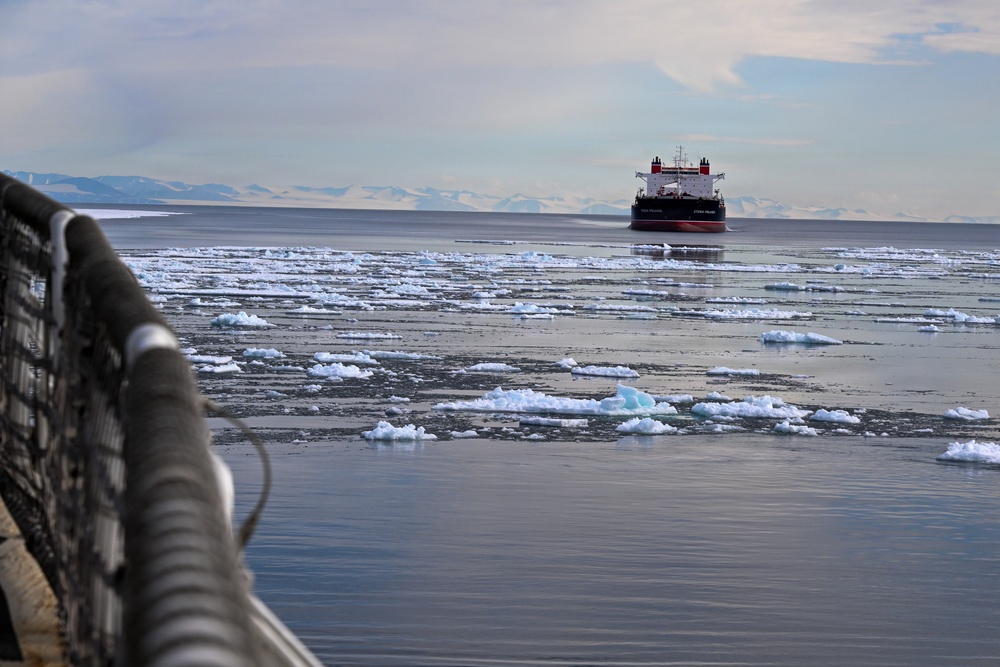 USCGC Polar Star (WAGB 10) escorts motor vessel Stena Polaris through the ice-covered Ross Sea to McMurdo Station during Operation Deep Freeze 2026