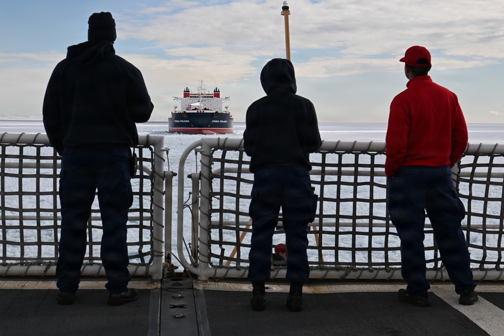 USCGC Polar Star (WAGB 10) escorts motor vessel Stena Polaris through the ice-covered Ross Sea to McMurdo Station during Operation Deep Freeze 2026