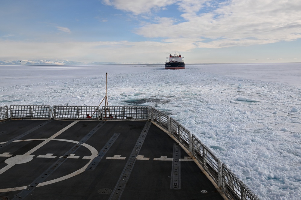 USCGC Polar Star (WAGB 10) escorts motor vessel Stena Polaris through the ice-covered Ross Sea to McMurdo Station during Operation Deep Freeze 2026