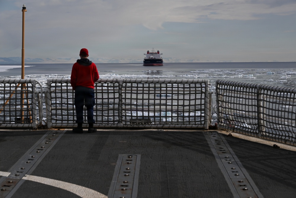 USCGC Polar Star (WAGB 10) escorts motor vessel Stena Polaris through the ice-covered Ross Sea to McMurdo Station during Operation Deep Freeze 2026