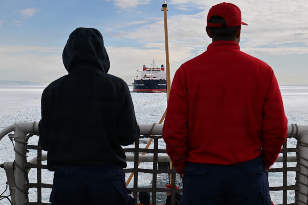 USCGC Polar Star (WAGB 10) escorts motor vessel Stena Polaris through the ice-covered Ross Sea to McMurdo Station during Operation Deep Freeze 2026