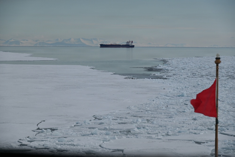 USCGC Polar Star (WAGB 10) escorts motor vessel Stena Polaris through the ice-covered Ross Sea to McMurdo Station during Operation Deep Freeze 2026