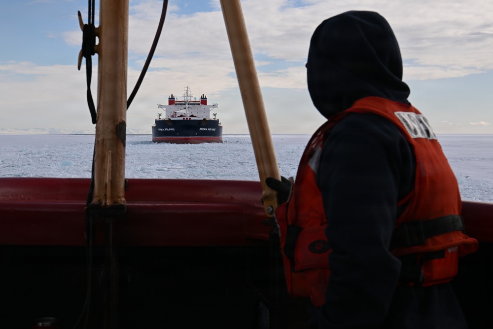USCGC Polar Star (WAGB 10) escorts motor vessel Stena Polaris through the ice-covered Ross Sea to McMurdo Station during Operation Deep Freeze 2026