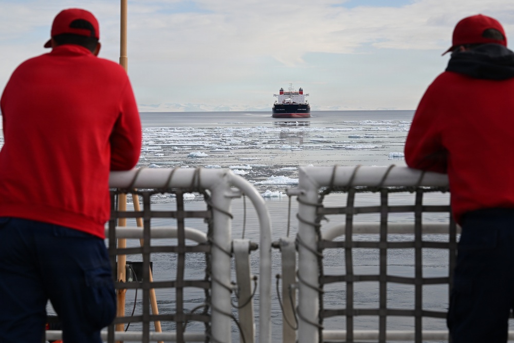 USCGC Polar Star (WAGB 10) escorts motor vessel Stena Polaris through the ice-covered Ross Sea to McMurdo Station during Operation Deep Freeze 2026