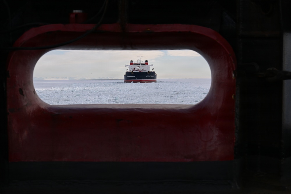 USCGC Polar Star (WAGB 10) escorts motor vessel Stena Polaris through the ice-covered Ross Sea to McMurdo Station during Operation Deep Freeze 2026