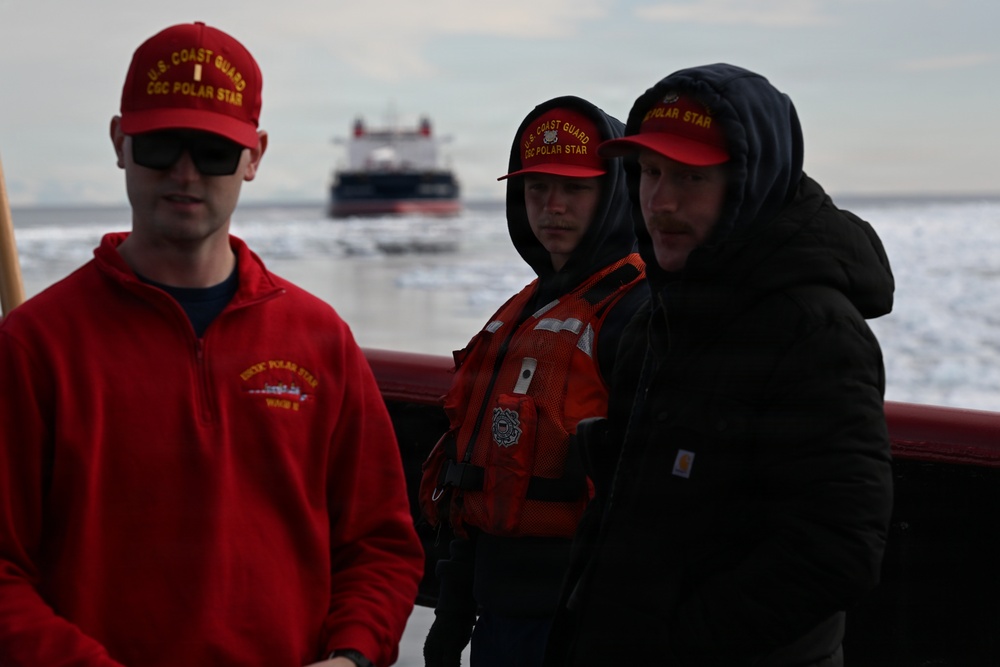 USCGC Polar Star (WAGB 10) escorts motor vessel Stena Polaris through the ice-covered Ross Sea to McMurdo Station during Operation Deep Freeze 2026