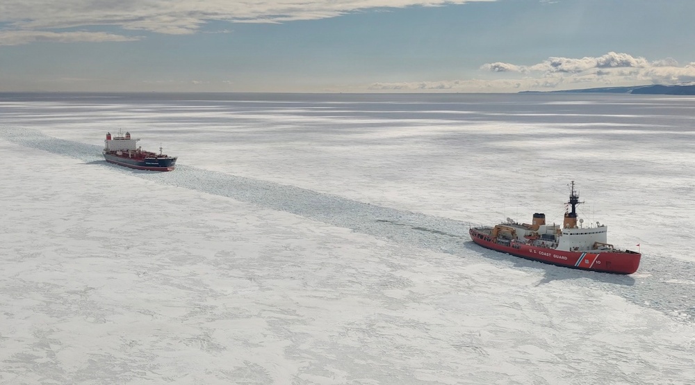 USCGC Polar Star (WAGB 10) escorts motor vessel Stena Polaris through the ice-covered Ross Sea to McMurdo Station during Operation Deep Freeze 2026