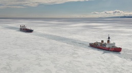 USCGC Polar Star (WAGB 10) escorts motor vessel Stena Polaris through the ice-covered Ross Sea to McMurdo Station during Operation Deep Freeze 2026