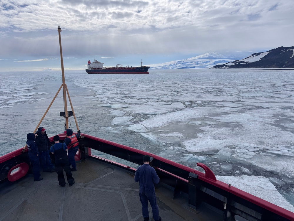 USCGC Polar Star (WAGB 10) escorts motor vessel Stena Polaris through the ice-covered Ross Sea to McMurdo Station during Operation Deep Freeze 2026