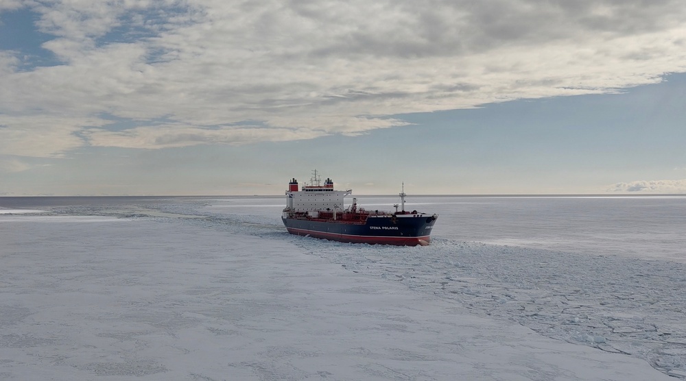 USCGC Polar Star (WAGB 10) escorts motor vessel Stena Polaris through the ice-covered Ross Sea to McMurdo Station during Operation Deep Freeze 2026