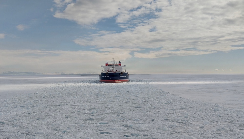USCGC Polar Star (WAGB 10) escorts motor vessel Stena Polaris through the ice-covered Ross Sea to McMurdo Station during Operation Deep Freeze 2026