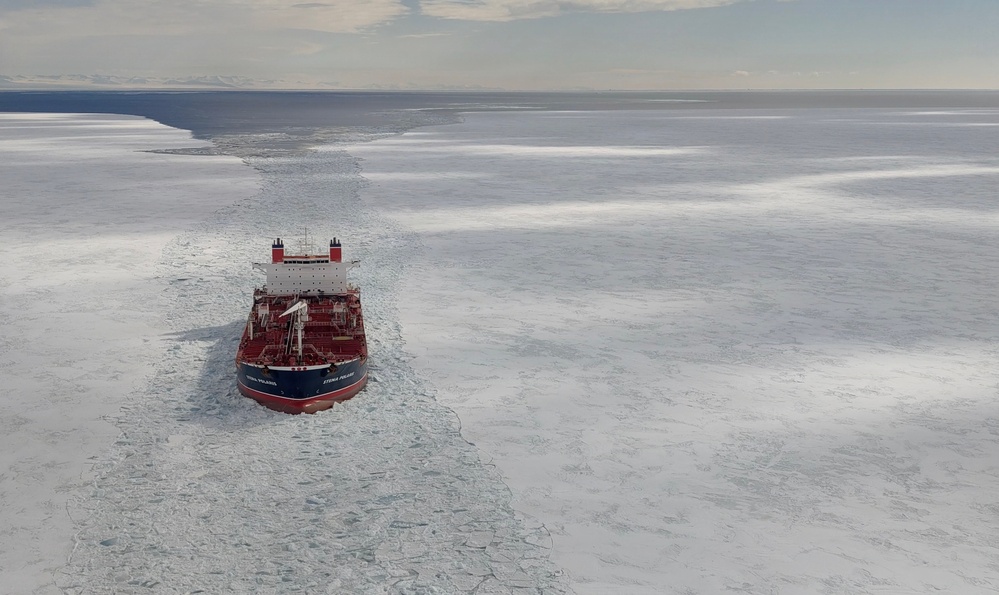 USCGC Polar Star (WAGB 10) escorts motor vessel Stena Polaris through the ice-covered Ross Sea to McMurdo Station during Operation Deep Freeze 2026
