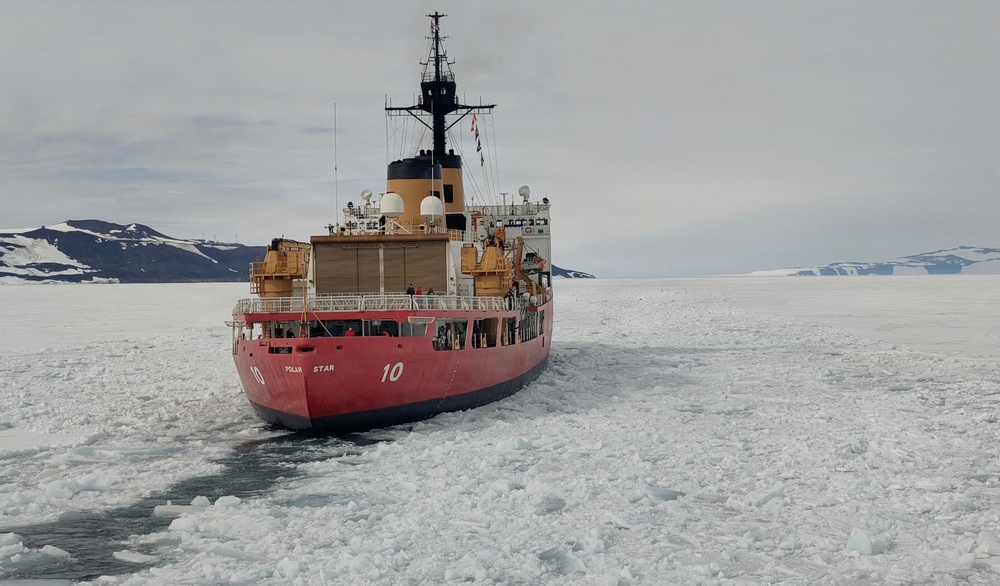 USCGC Polar Star (WAGB 10) escorts motor vessel Stena Polaris through the ice-covered Ross Sea to McMurdo Station during Operation Deep Freeze 2026