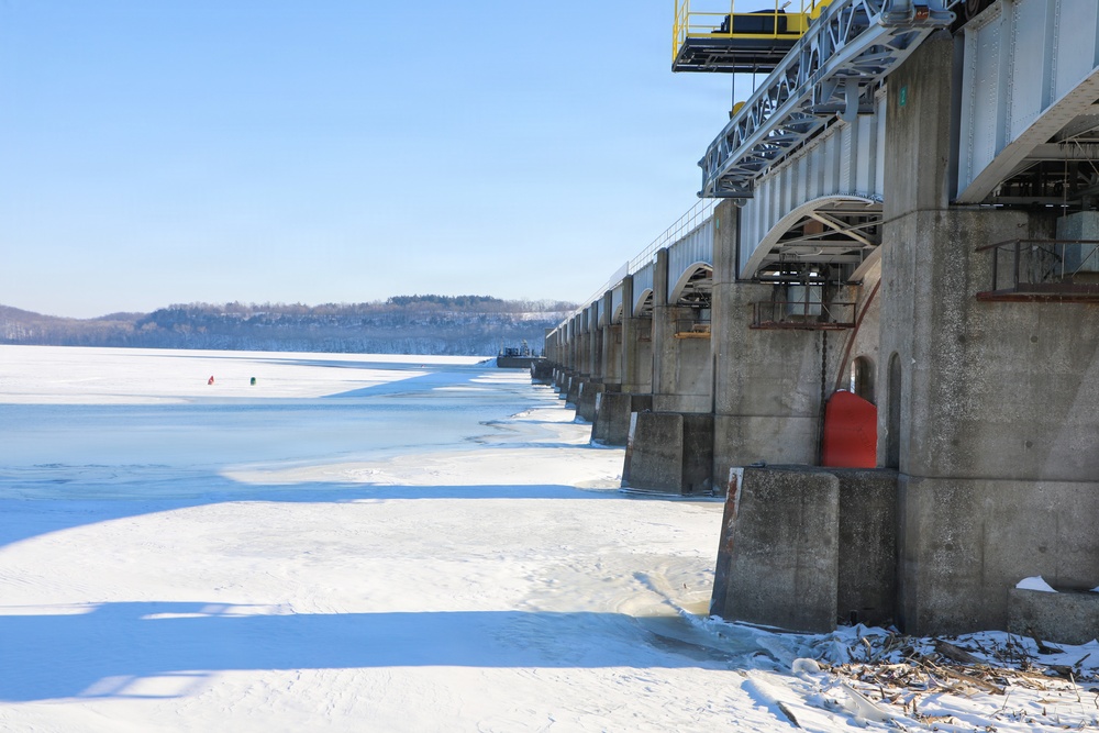 Ice forms along the Mississippi River near Lock and Dam 25