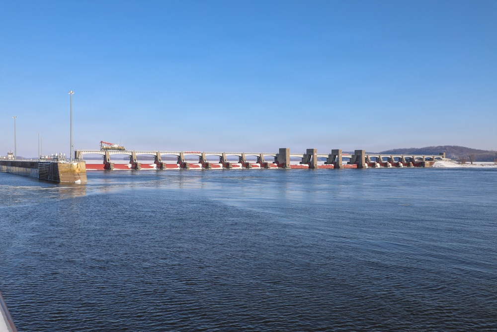 Ice forms along the Mississippi River near Lock and Dam 25