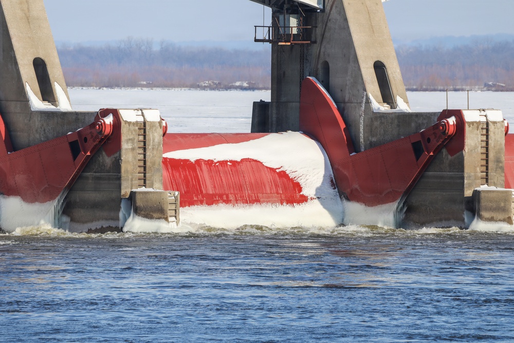Ice forms along the Mississippi River near Lock and Dam 25