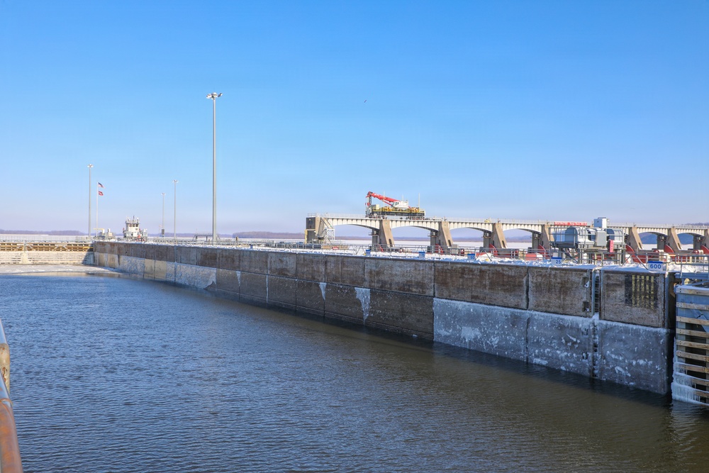 Ice forms along the Mississippi River near Lock and Dam 25