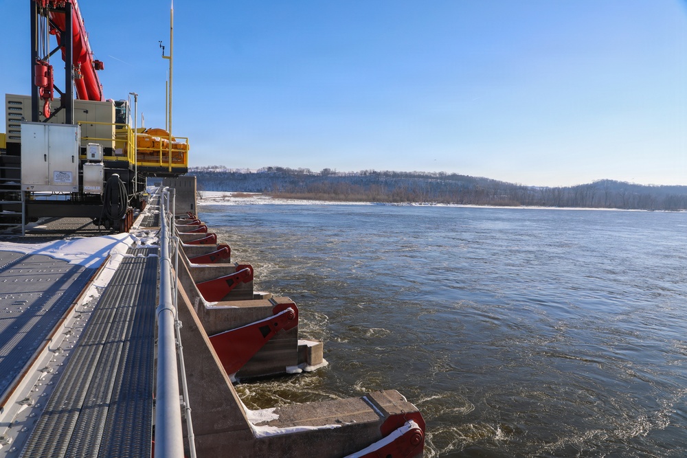Ice forms along the Mississippi River near Lock and Dam 25
