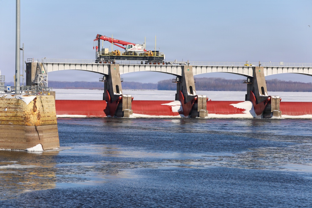 Ice forms along the Mississippi River near Lock and Dam 25