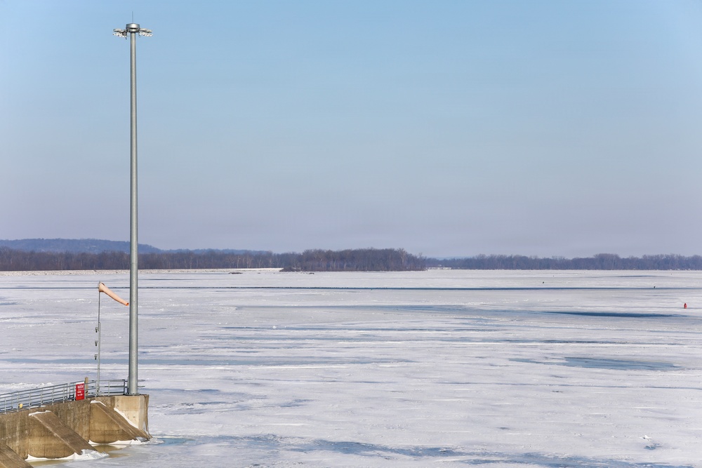 Ice forms along the Mississippi River near Lock and Dam 25