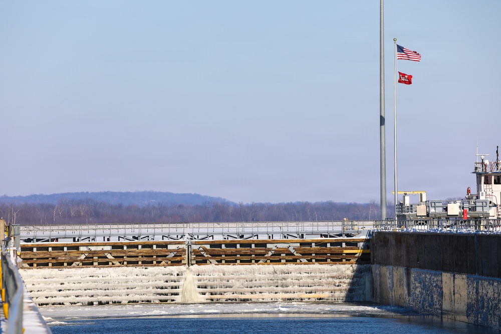 Ice forms along the Mississippi River near Lock and Dam 25