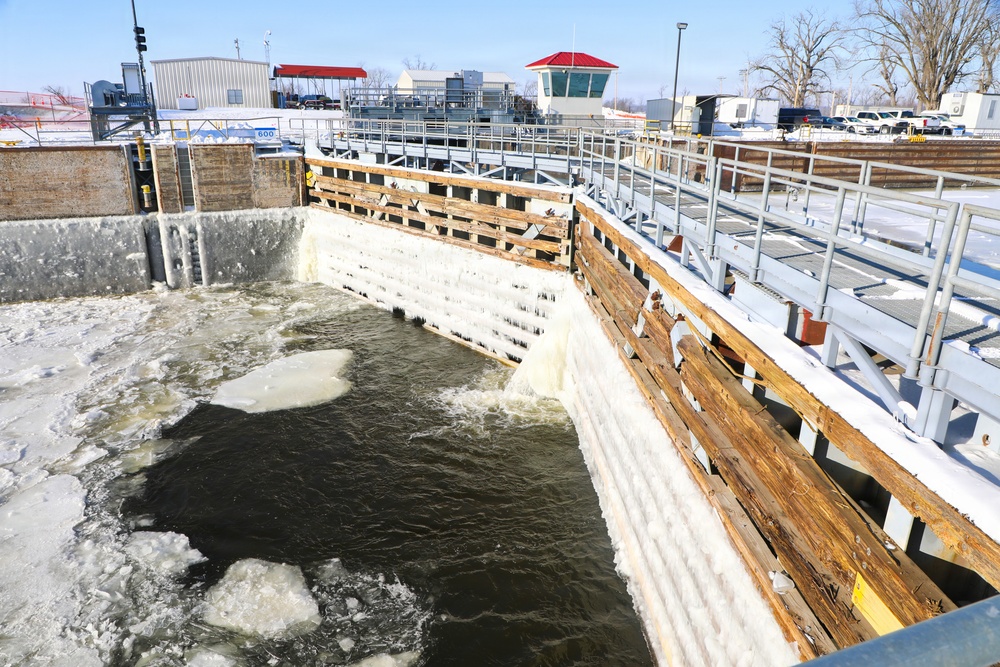 Ice forms along the Mississippi River near Lock and Dam 25