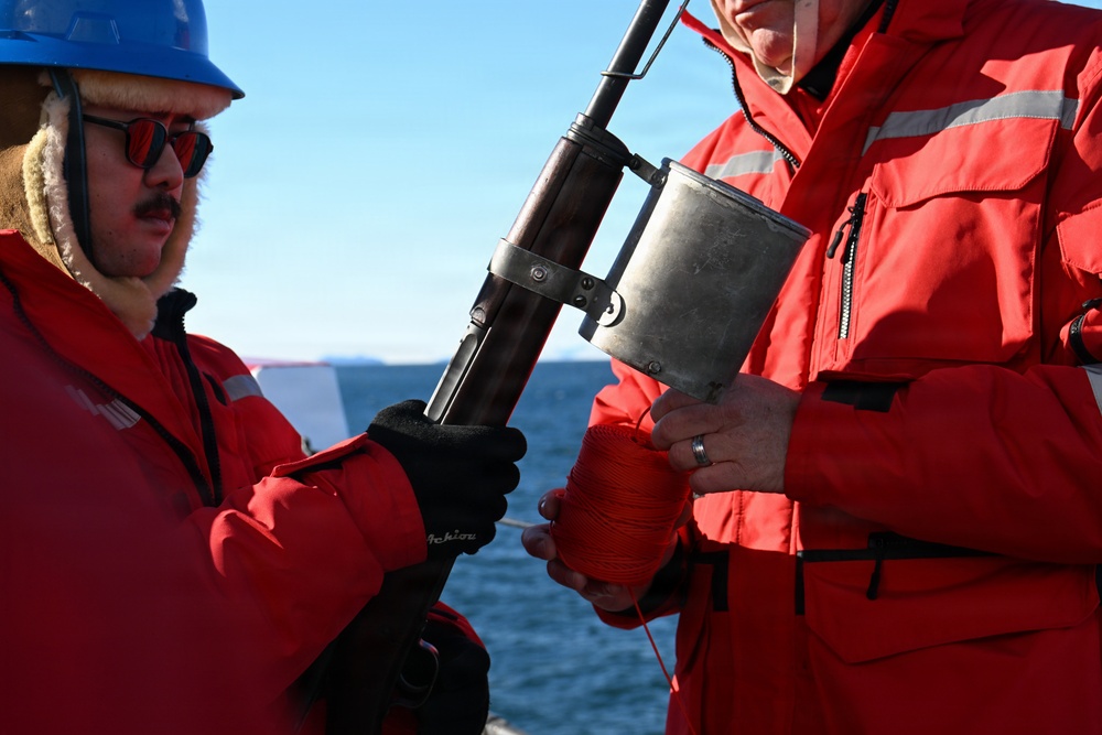 USCGC Polar Star (WAGB 10) conducts shoulder-launched line throwing gun (SLTG) training during Operation Deep Freeze 2026