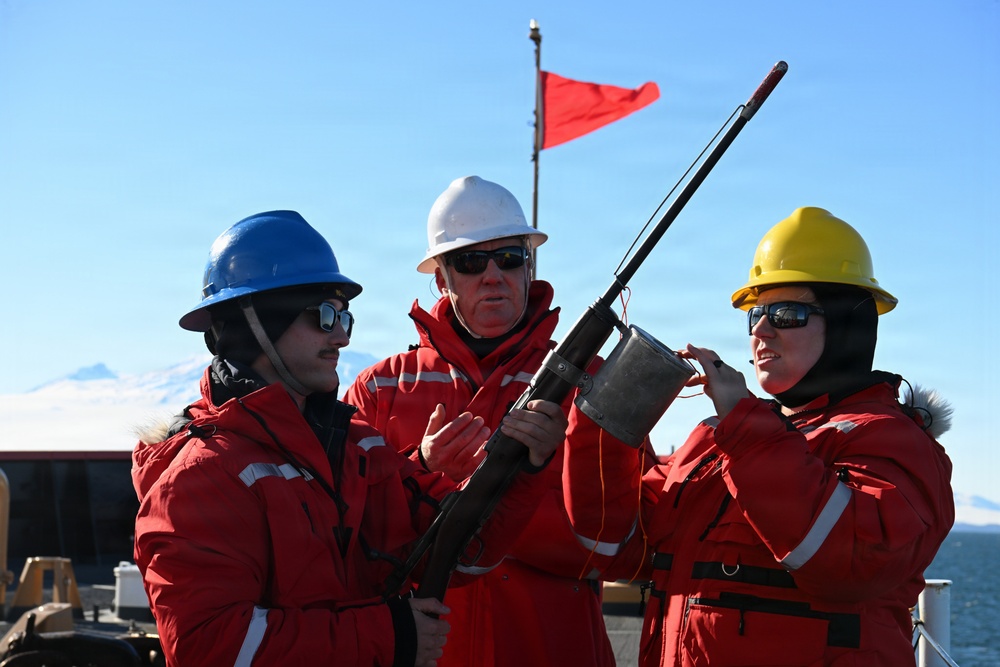 USCGC Polar Star (WAGB 10) conducts shoulder-launched line throwing gun (SLTG) training during Operation Deep Freeze 2026