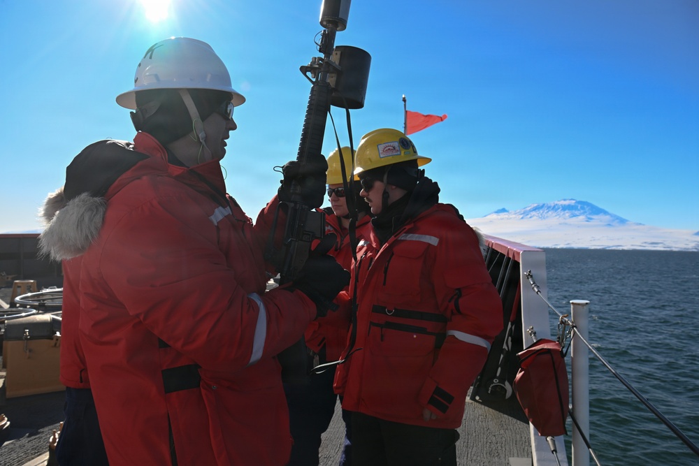 USCGC Polar Star (WAGB 10) conducts shoulder-launched line throwing gun (SLTG) training during Operation Deep Freeze 2026