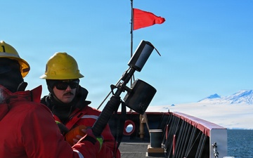 USCGC Polar Star (WAGB 10) conducts shoulder-launched line throwing gun (SLTG) training during Operation Deep Freeze 2026