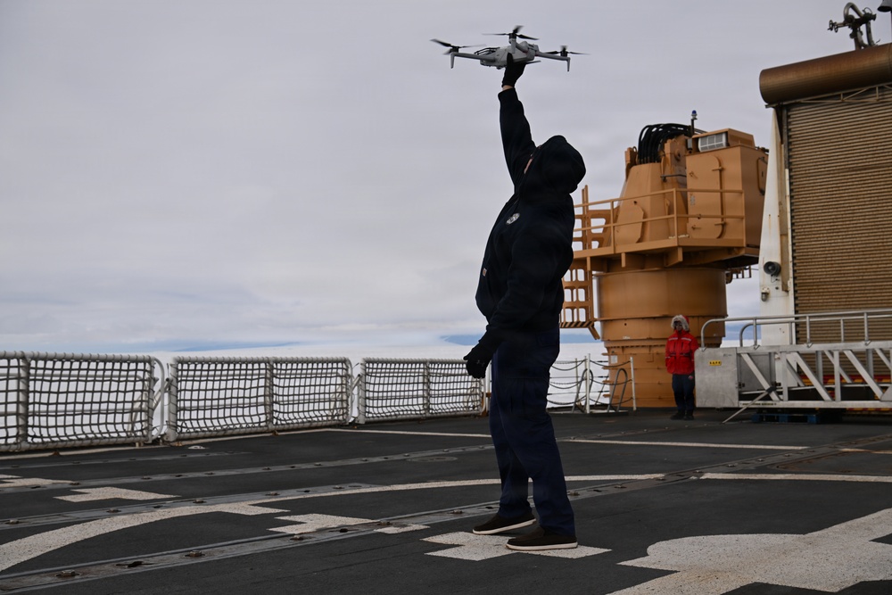 USCGC Polar Star (WAGB 10) conducts unmanned aircraft system (UAS) drone operations during Operation Deep Freeze 2026