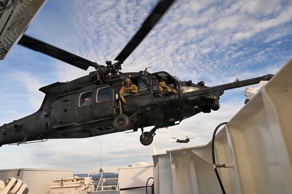 Sentinel-class USCGC Florence Finch trains with the U.S. Army 160th Special Operations Aviation Regiment (SOAR) “Night Stalkers”