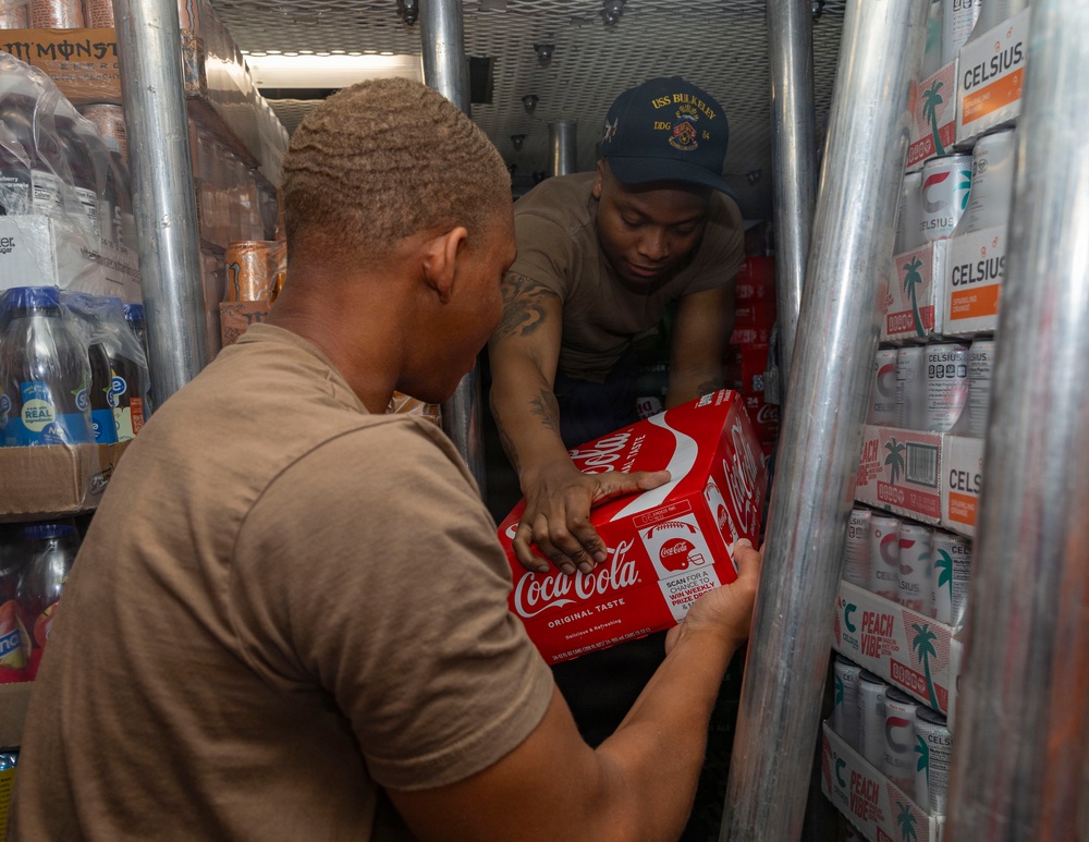 Retail Service Specialists perform end of month inventory aboard USS Bulkeley (DDG 84)