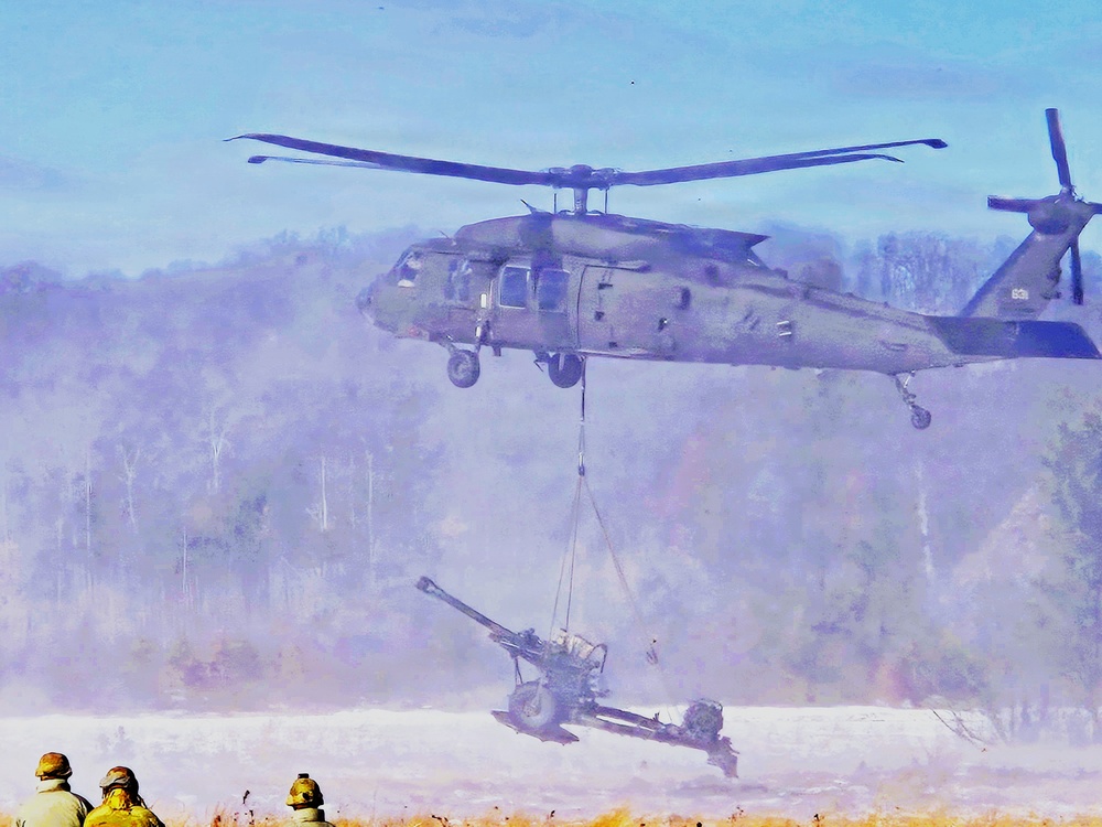 120th Field Artillery Soldiers conduct winter sling-load ops with Black Hawk, Chinook helicopters