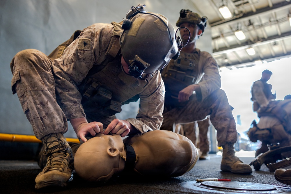 11th MEU Marines Conduct Tactical Combat Casualty Care Training Aboard USS Comstock