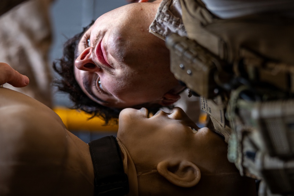 11th MEU Marines Conduct Tactical Combat Casualty Care Training Aboard USS Comstock