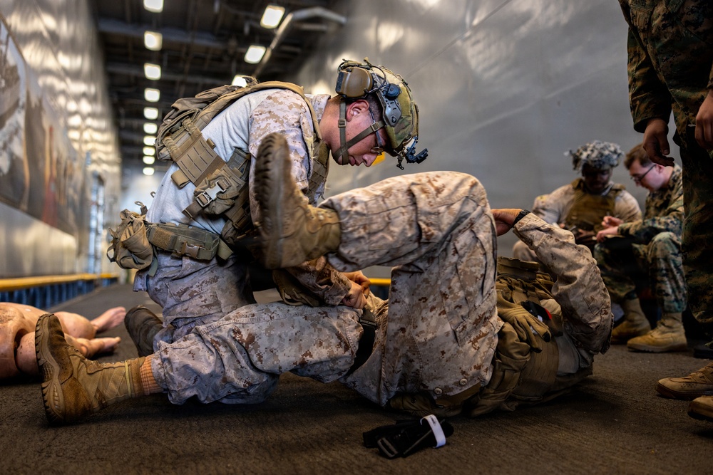 11th MEU Marines Conduct Tactical Combat Casualty Care Training Aboard USS Comstock